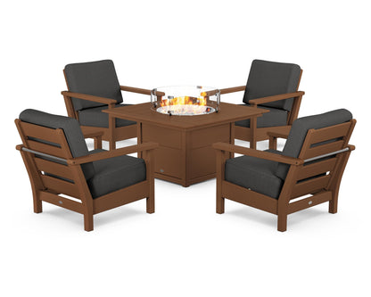 POLYWOOD® Harbour 5-Piece Conversation Set with Fire Pit Table in Teak / Spectrum Carbon