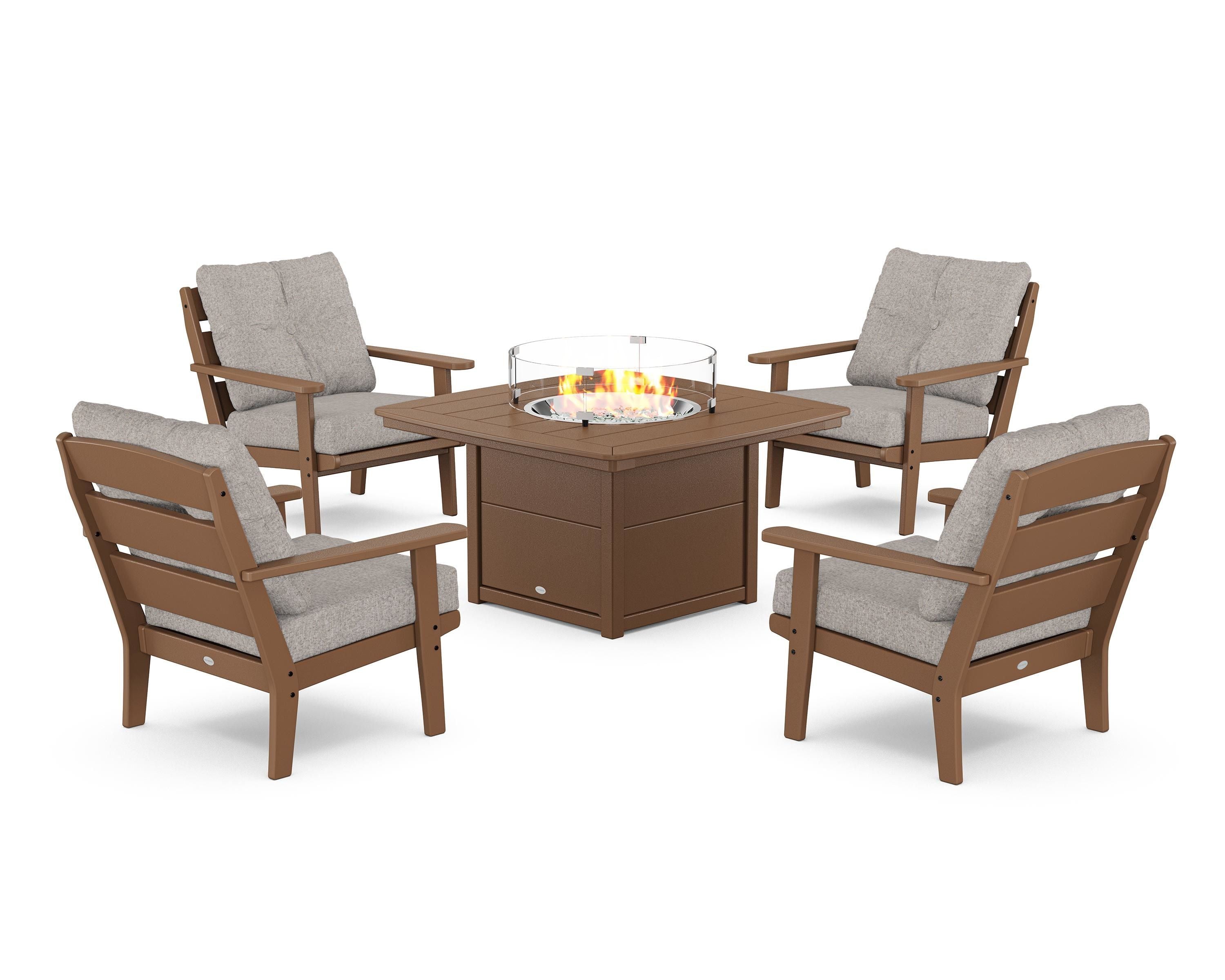 POLYWOOD® Lakeside 5-Piece Deep Seating Set with Nautical Fire Pit Table in Teak / Weathered Tweed