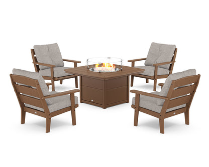 POLYWOOD® Lakeside 5-Piece Deep Seating Set with Nautical Fire Pit Table in Teak / Weathered Tweed