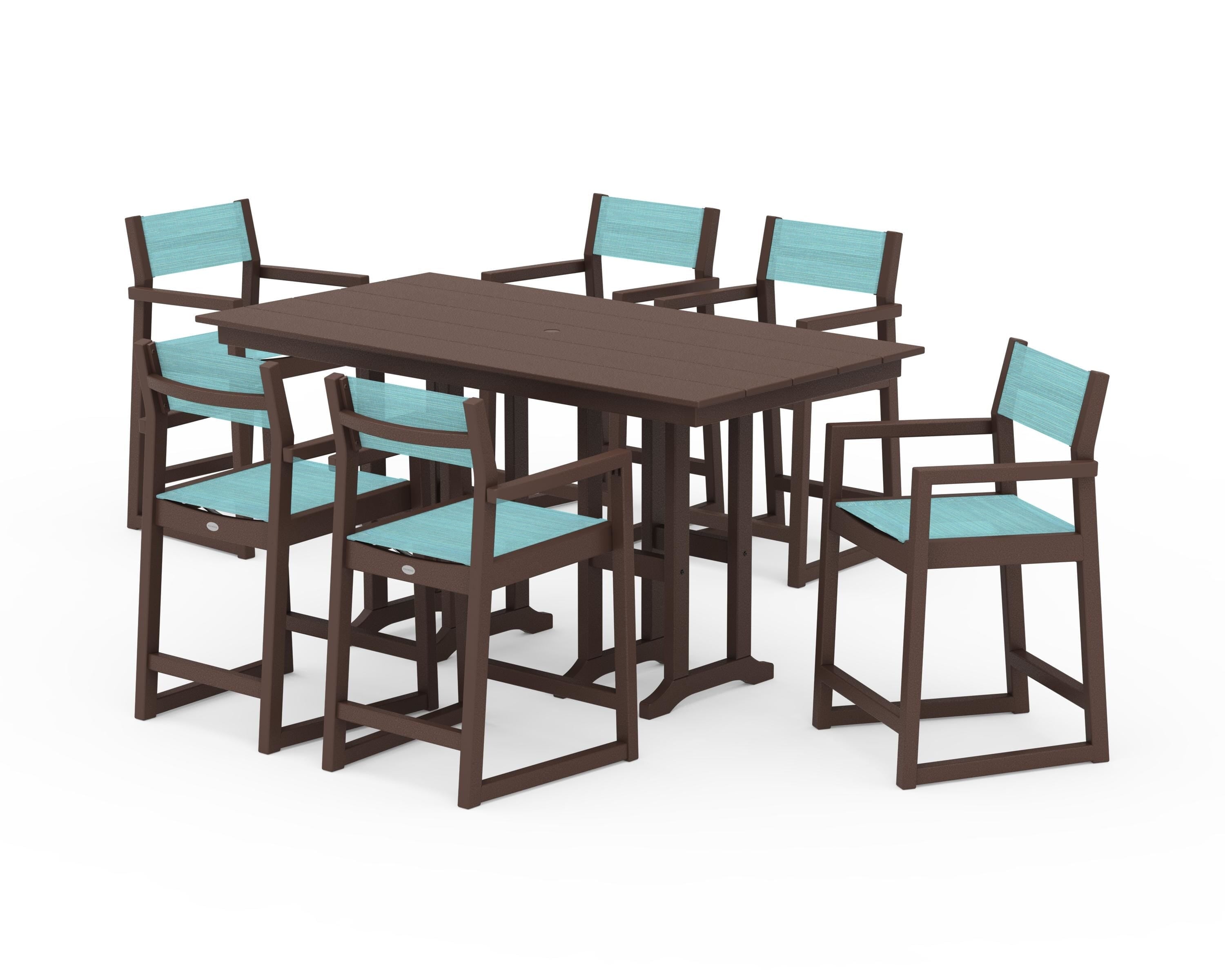 POLYWOOD® EDGE Sling Arm Chair 7-Piece Farmhouse Counter Set in Mahogany / Dupioni Aquamarine Sling