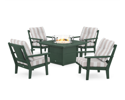 POLYWOOD® Prairie 5-Piece Deep Seating Set with Fire Pit Table in Green / Cabana Stripe Dune Burlap