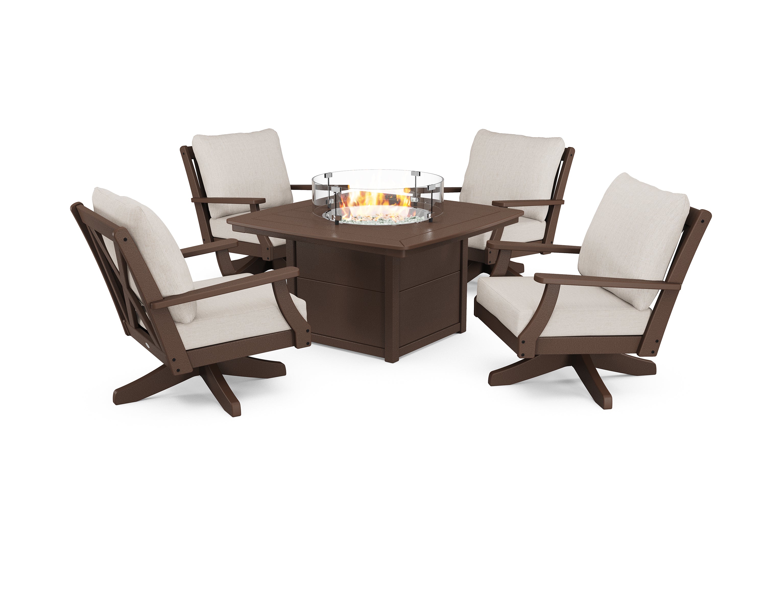 POLYWOOD® Braxton 5-Piece Deep Seating Swivel Conversation Set with Fire Pit Table in Mahogany / Cast Ash