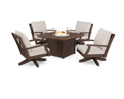 POLYWOOD® Braxton 5-Piece Deep Seating Swivel Conversation Set with Fire Pit Table in Mahogany / Cast Ash