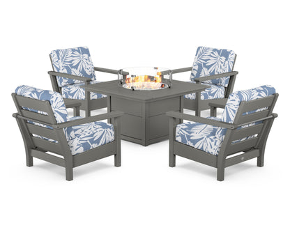 POLYWOOD® Harbour 5-Piece Conversation Set with Fire Pit Table in Slate Grey / Leaf Sky Blue