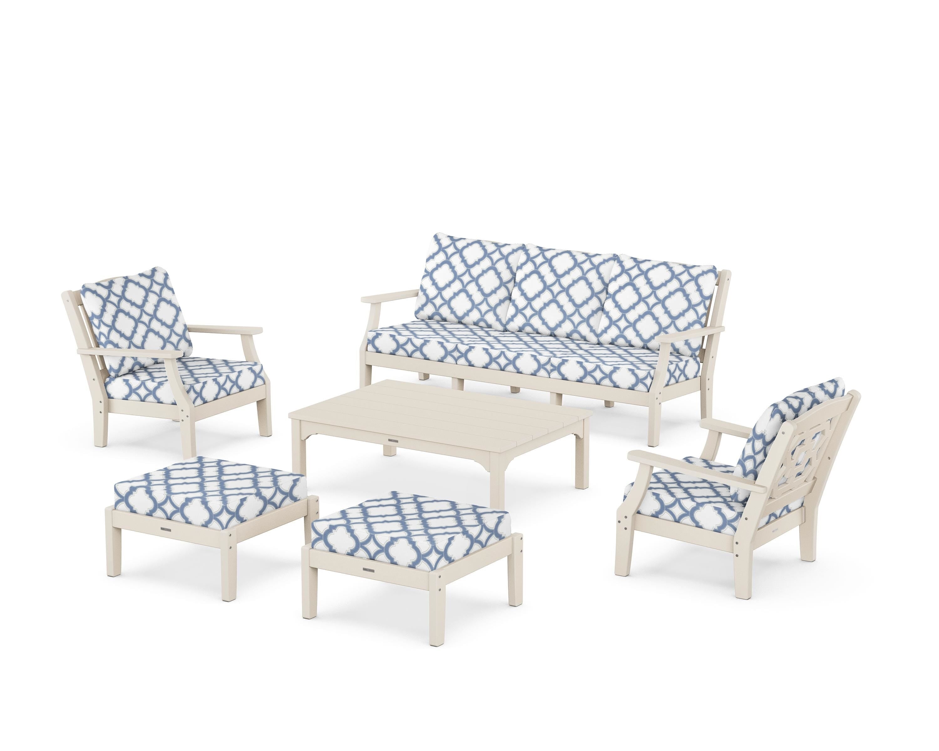 Martha Stewart by POLYWOOD® Chinoiserie 6-Piece Lounge Sofa Set in Sand / Trellis Sky Blue