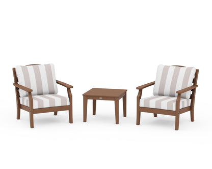 Draper James™ by  POLYWOOD® Savannah 3-Piece Deep Seating Set in Teak / Cabana Stripe Dune Burlap