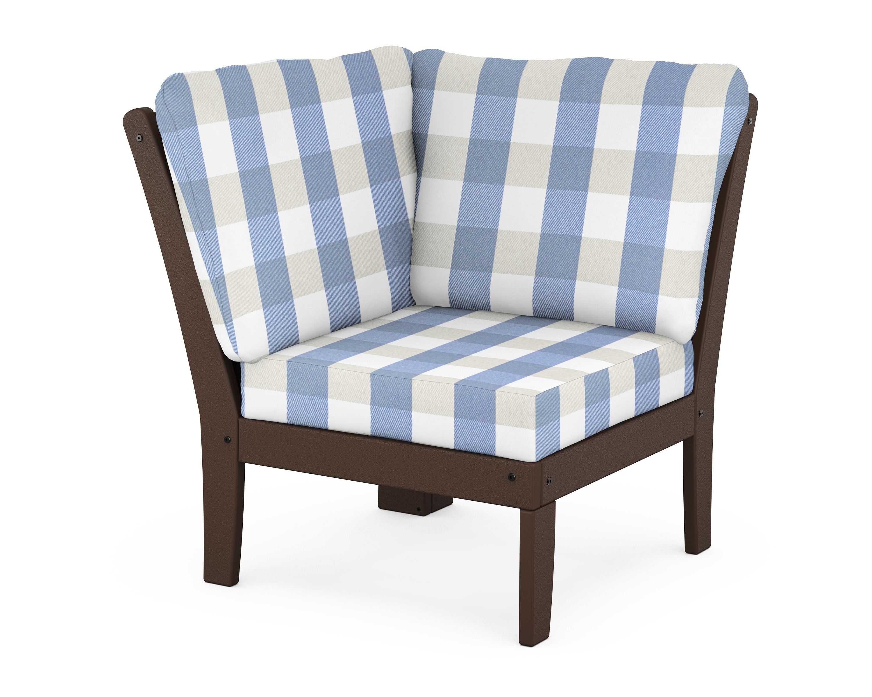 POLYWOOD® Braxton Modular Corner Chair in Mahogany / Buffalo Plaid Sky Blue