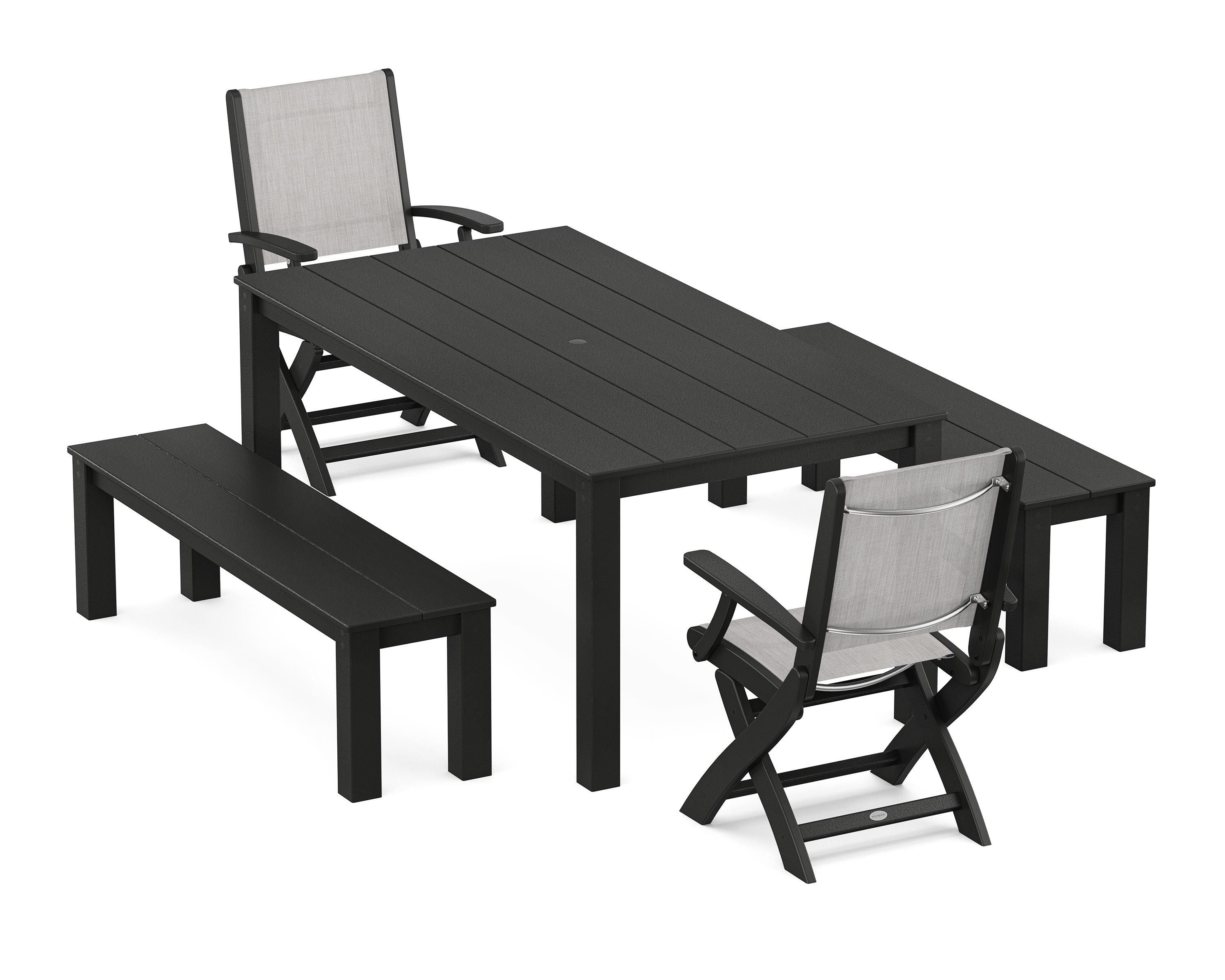 POLYWOOD® Coastal Folding Chair 5-Piece Parsons Dining Set with Benches in Black / Parchment Sling