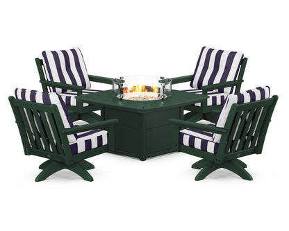 POLYWOOD® Vineyard 5-Piece Deep Seating Swivel Conversation Set with Fire Pit Table in Green / Cabana Stripe Navy