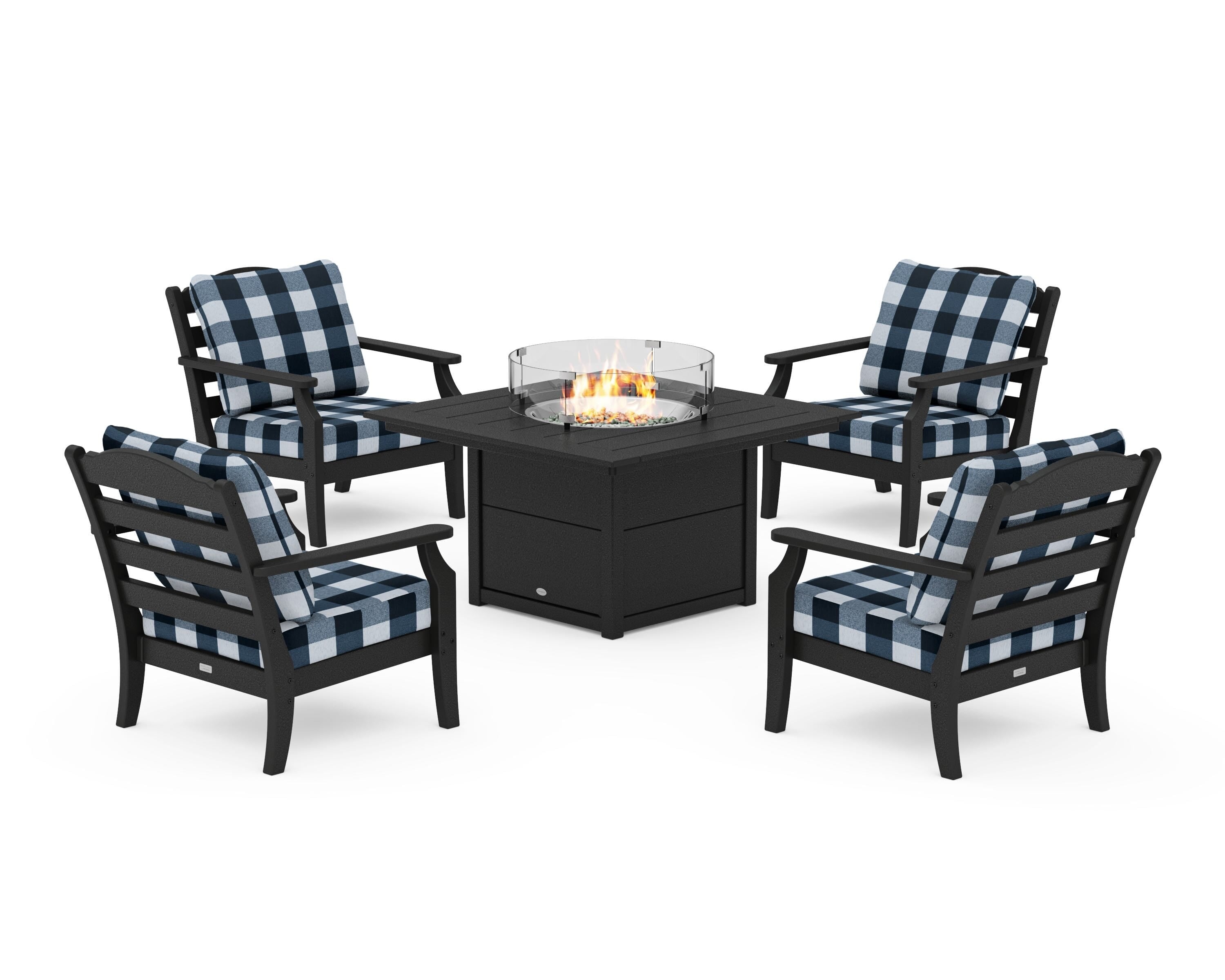 Draper James™ by  POLYWOOD® Savannah 5-Piece Deep Seating Set with Fire Pit Table in Black / Buffalo Plaid Marine Indigo