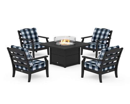 Draper James™ by  POLYWOOD® Savannah 5-Piece Deep Seating Set with Fire Pit Table in Black / Buffalo Plaid Marine Indigo