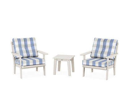 POLYWOOD® Oxford 3-Piece Deep Seating Set in Sand / Buffalo Plaid Sky Blue