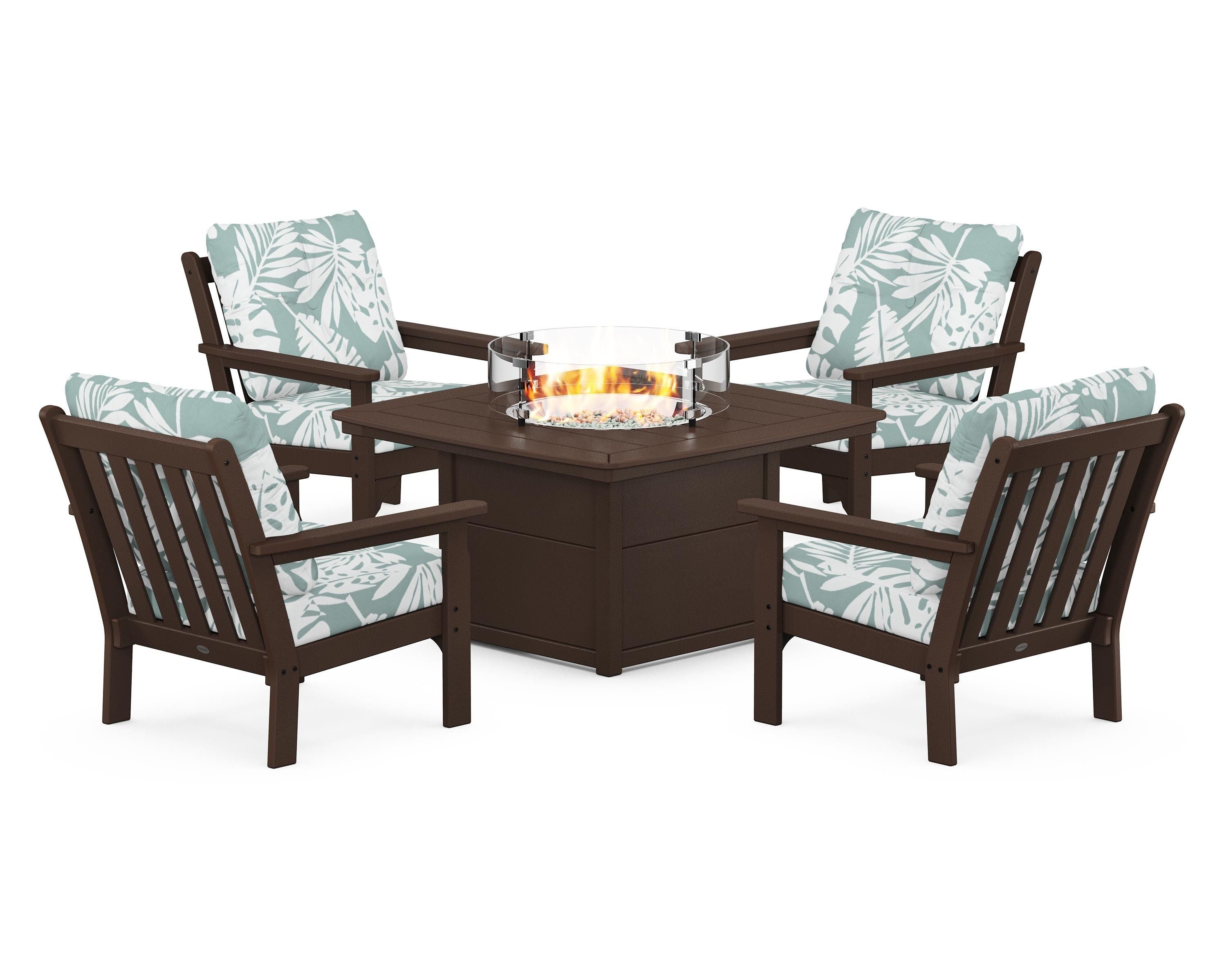 POLYWOOD® Vineyard 5-Piece Conversation Set with Fire Pit Table in Mahogany / Leaf Glacier Spa