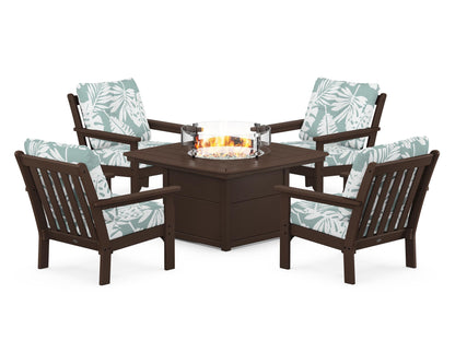 POLYWOOD® Vineyard 5-Piece Conversation Set with Fire Pit Table in Mahogany / Leaf Glacier Spa