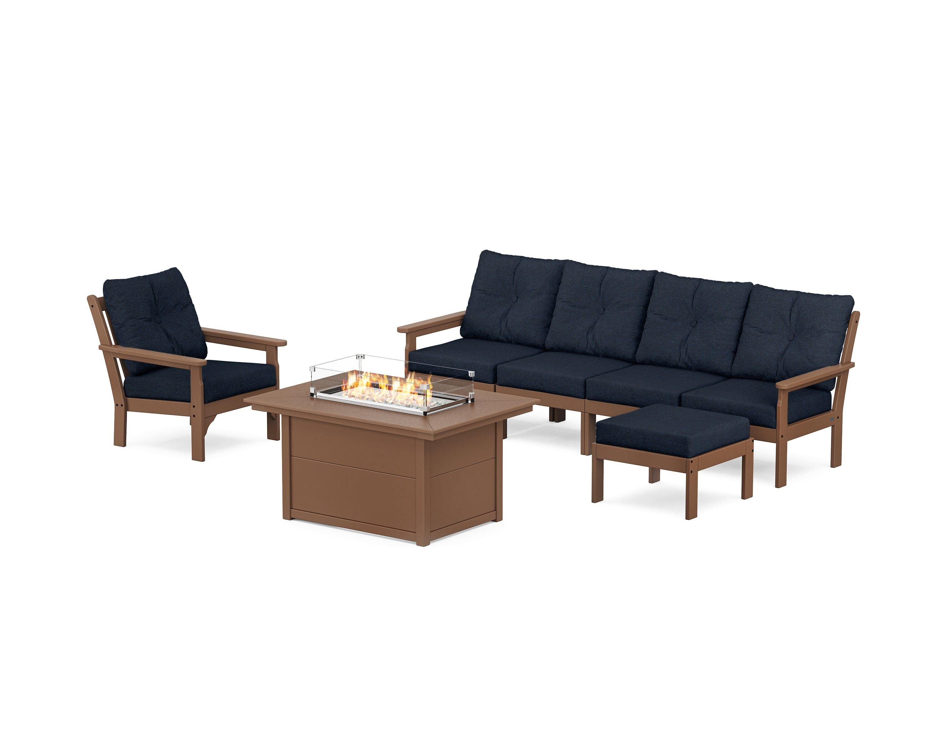 POLYWOOD® Vineyard Sectional Lounge and Fire Pit Set in Teak / Marine Indigo