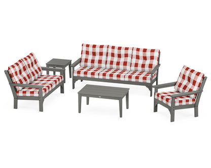 POLYWOOD® Vineyard 5 Piece Deep Seating Set in Slate Grey / Buffalo Plaid Crimson