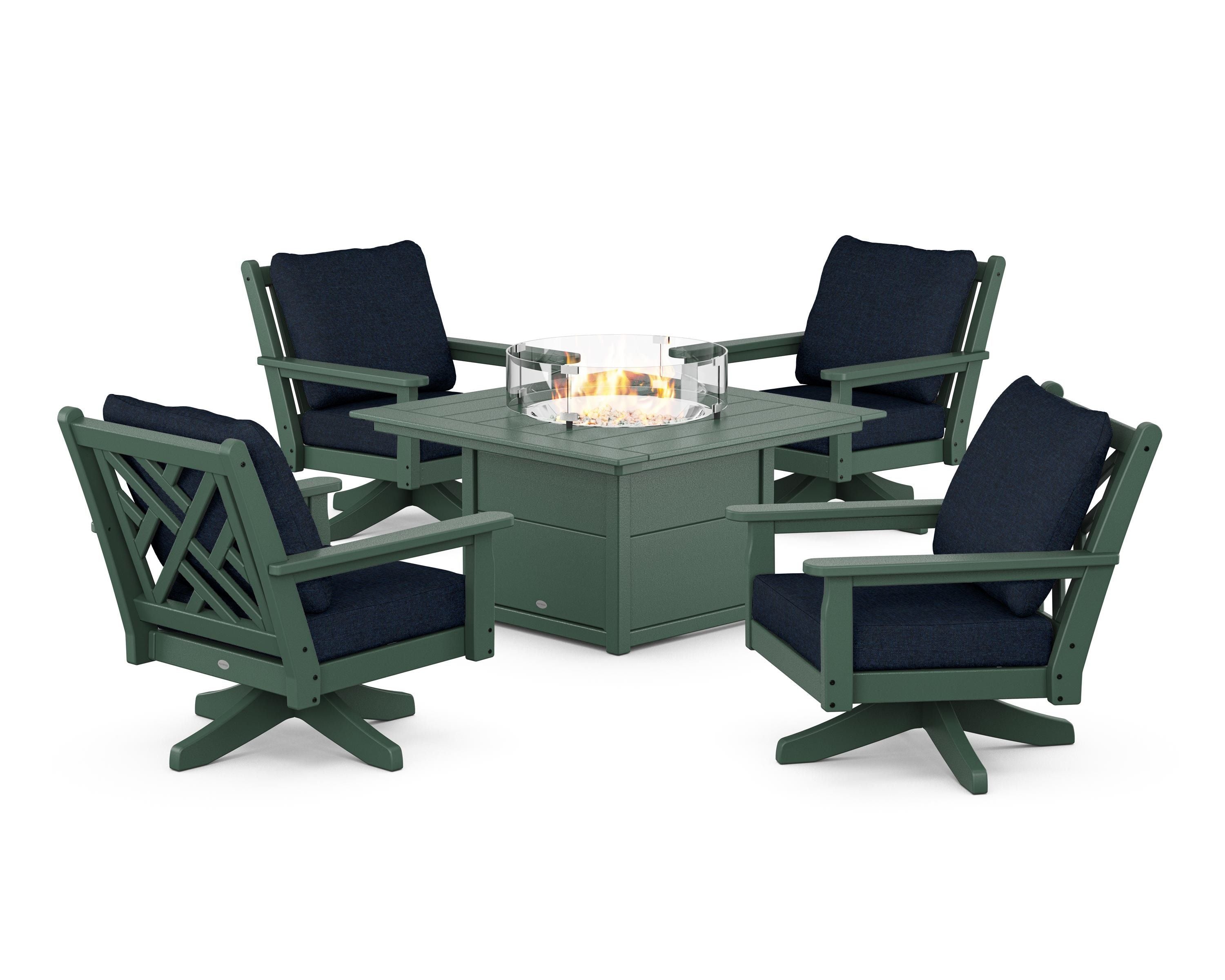 POLYWOOD® Chippendale 5-Piece Deep Seating Swivel Conversation Set with Fire Pit Table in Green / Marine Indigo