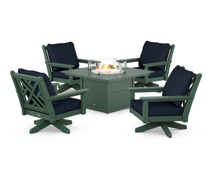 POLYWOOD® Chippendale 5-Piece Deep Seating Swivel Conversation Set with Fire Pit Table in Green / Marine Indigo