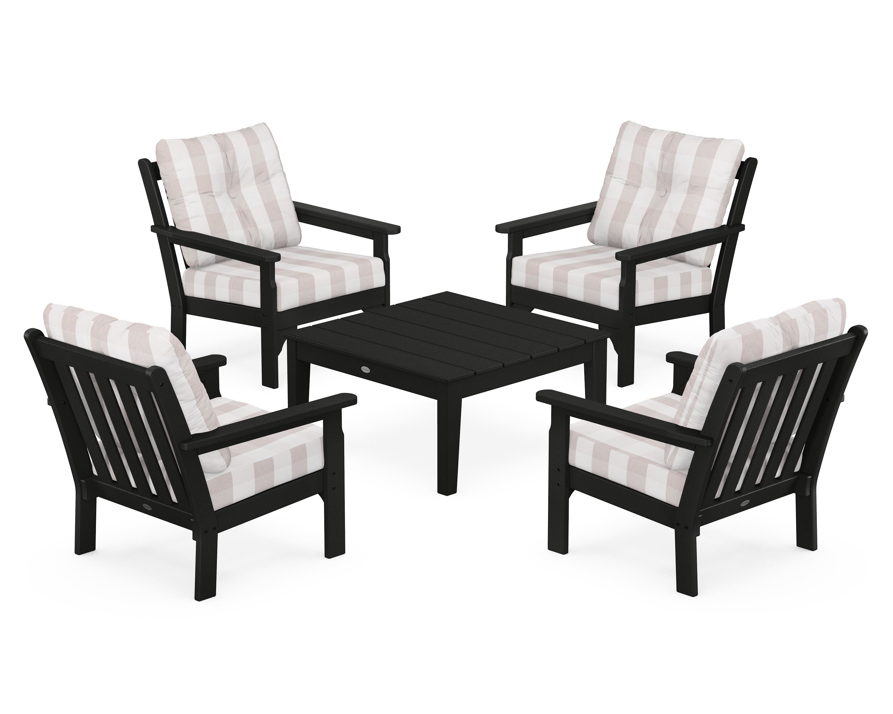 POLYWOOD® Vineyard 5-Piece Deep Seating Conversation Set in Black / Buffalo Plaid Dune Burlap