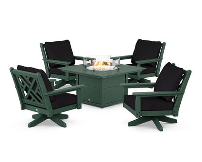POLYWOOD® Chippendale 5-Piece Deep Seating Swivel Conversation Set with Fire Pit Table in Green / Midnight Linen