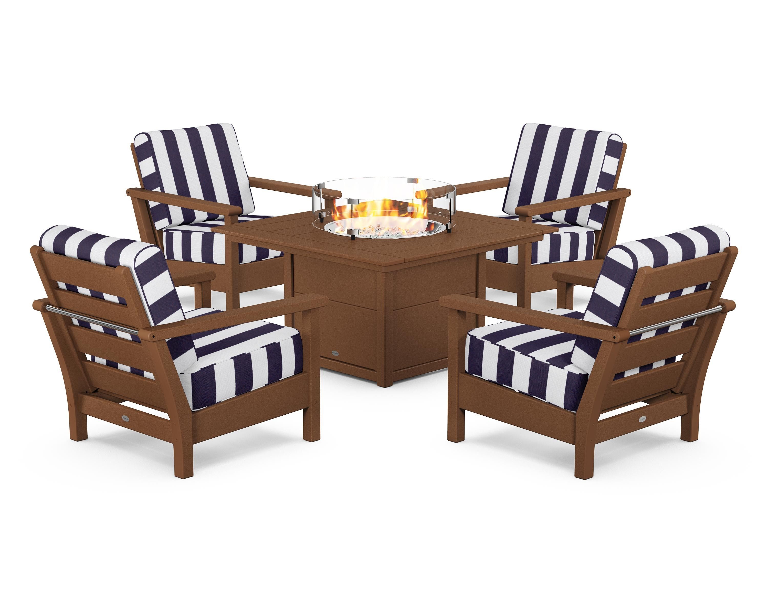 POLYWOOD® Harbour 5-Piece Conversation Set with Fire Pit Table in Teak / Cabana Stripe Navy