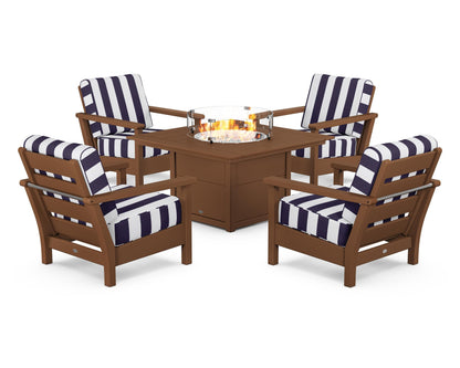 POLYWOOD® Harbour 5-Piece Conversation Set with Fire Pit Table in Teak / Cabana Stripe Navy