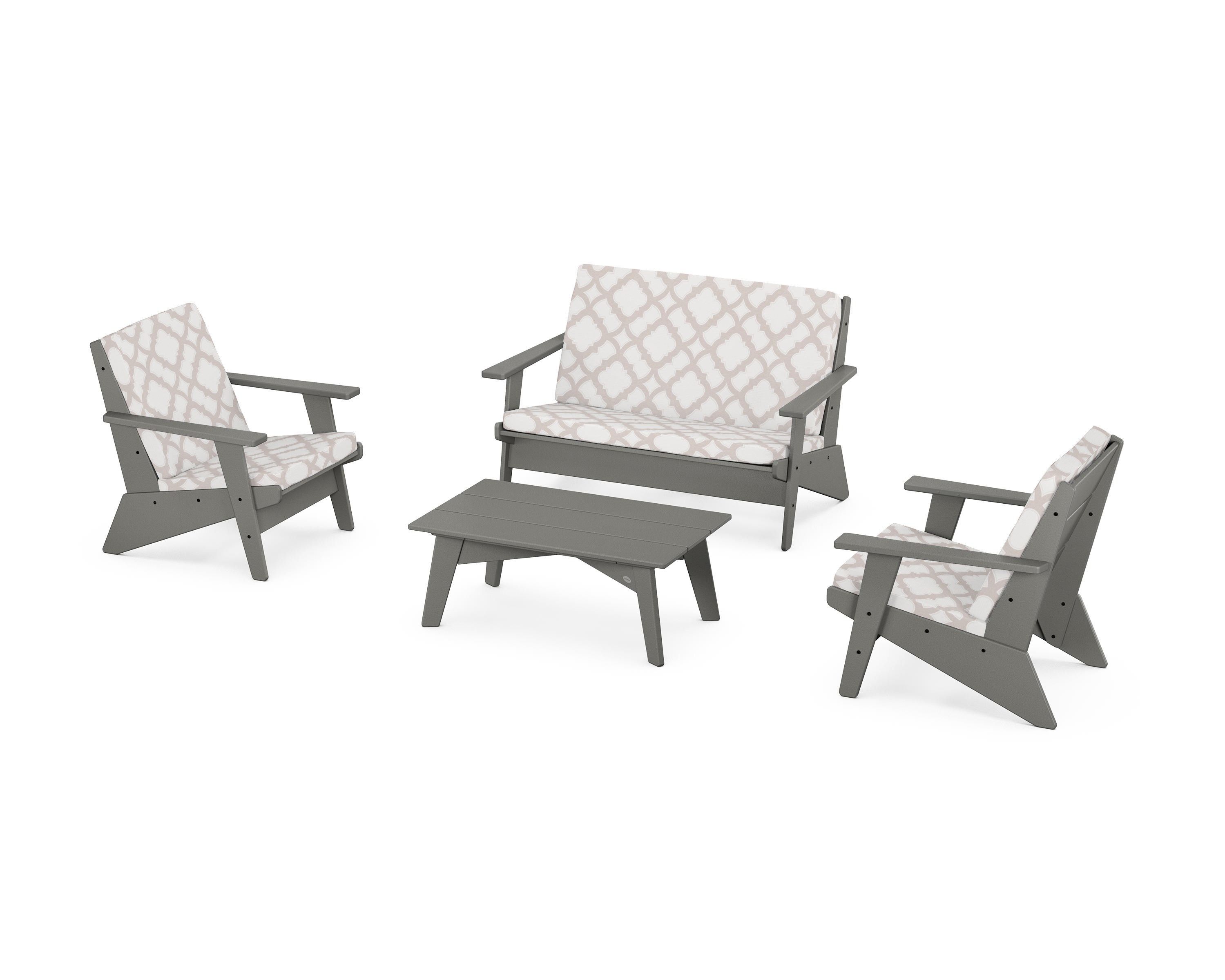 POLYWOOD® Riviera Modern Lounge 4-Piece Set in Slate Grey / Trellis Dune Burlap