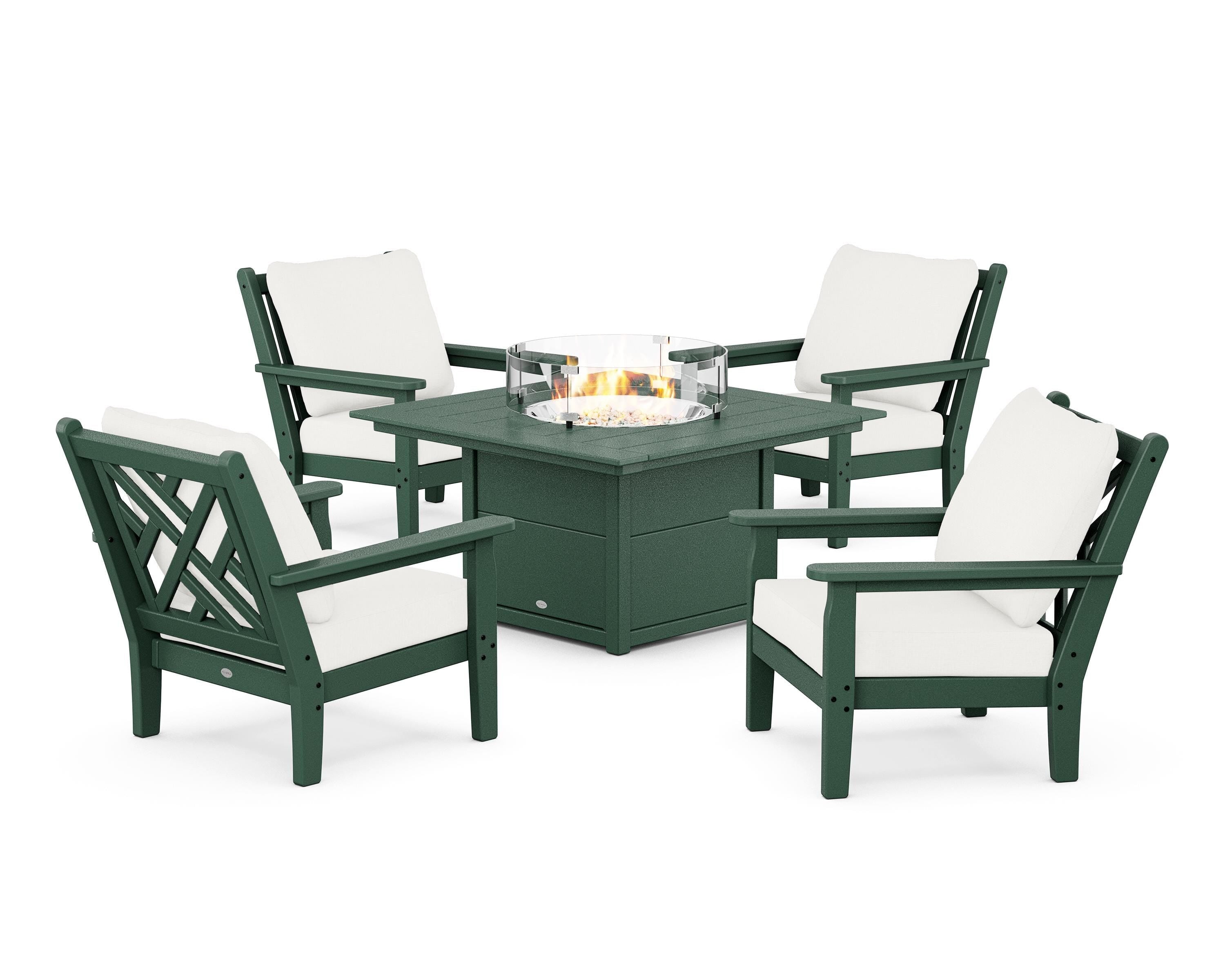 POLYWOOD® Chippendale 5-Piece Deep Seating Set with Fire Pit Table in Green / Natural Linen