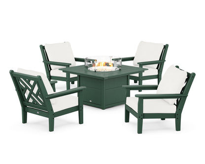 POLYWOOD® Chippendale 5-Piece Deep Seating Set with Fire Pit Table in Green / Natural Linen