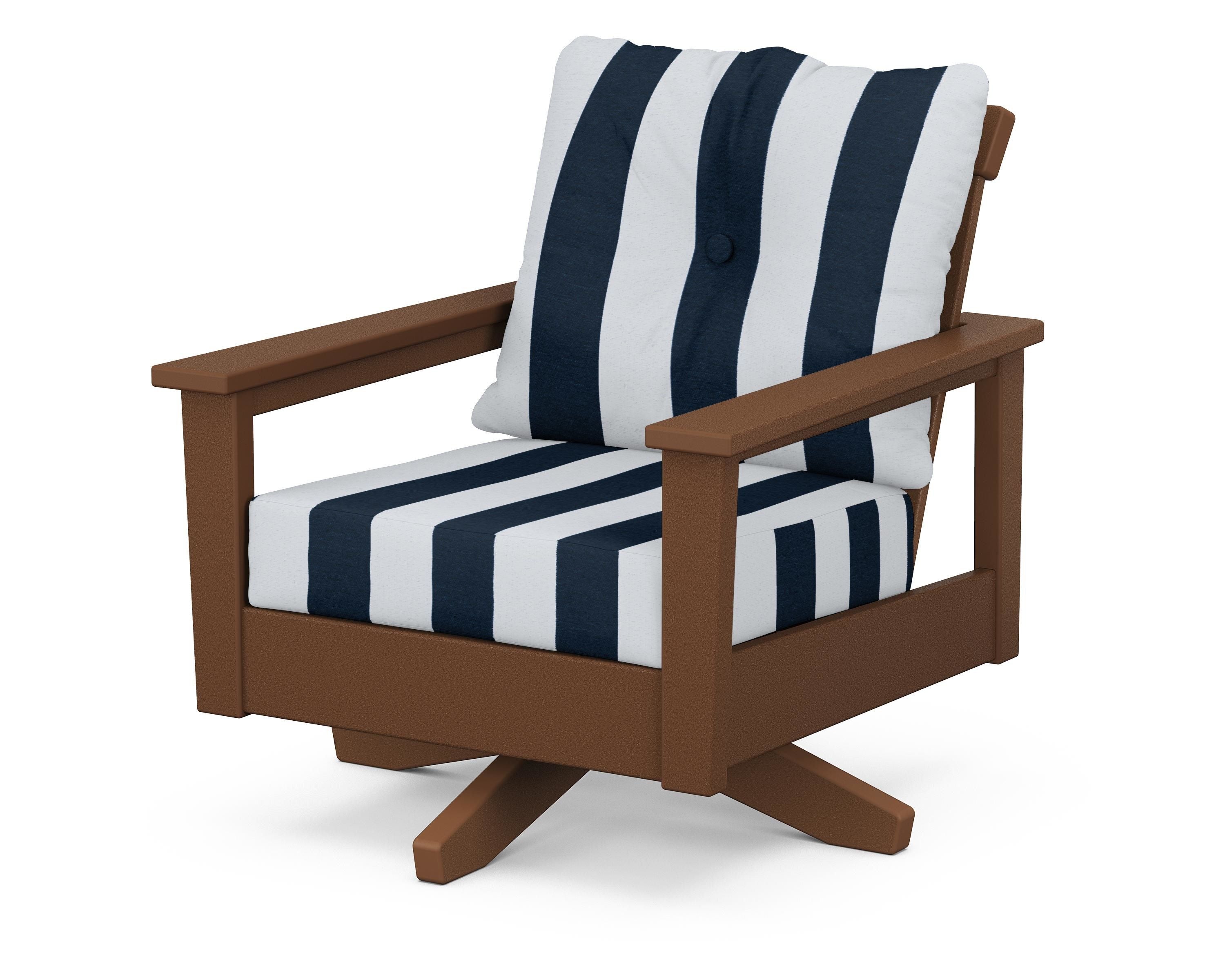 POLYWOOD® Prescott Deep Seating Swivel Chair in Teak / Cabana Stripe Marine Indigo