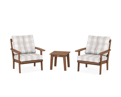 POLYWOOD® Oxford 3-Piece Deep Seating Set in Teak / Buffalo Plaid Dune Burlap
