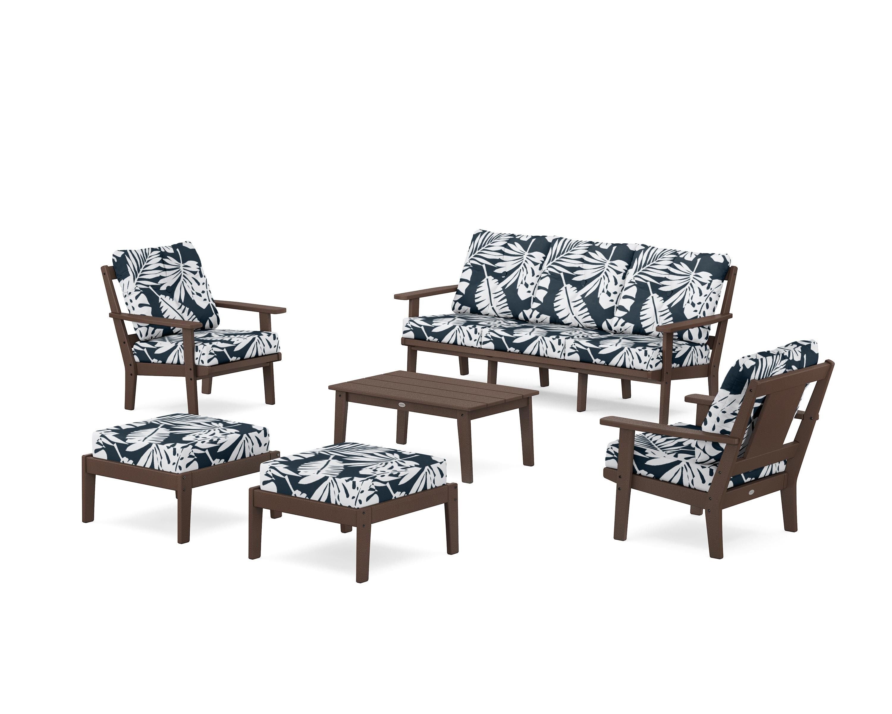 POLYWOOD® Prairie 6-Piece Lounge Sofa Set in Mahogany / Leaf Marine Indigo