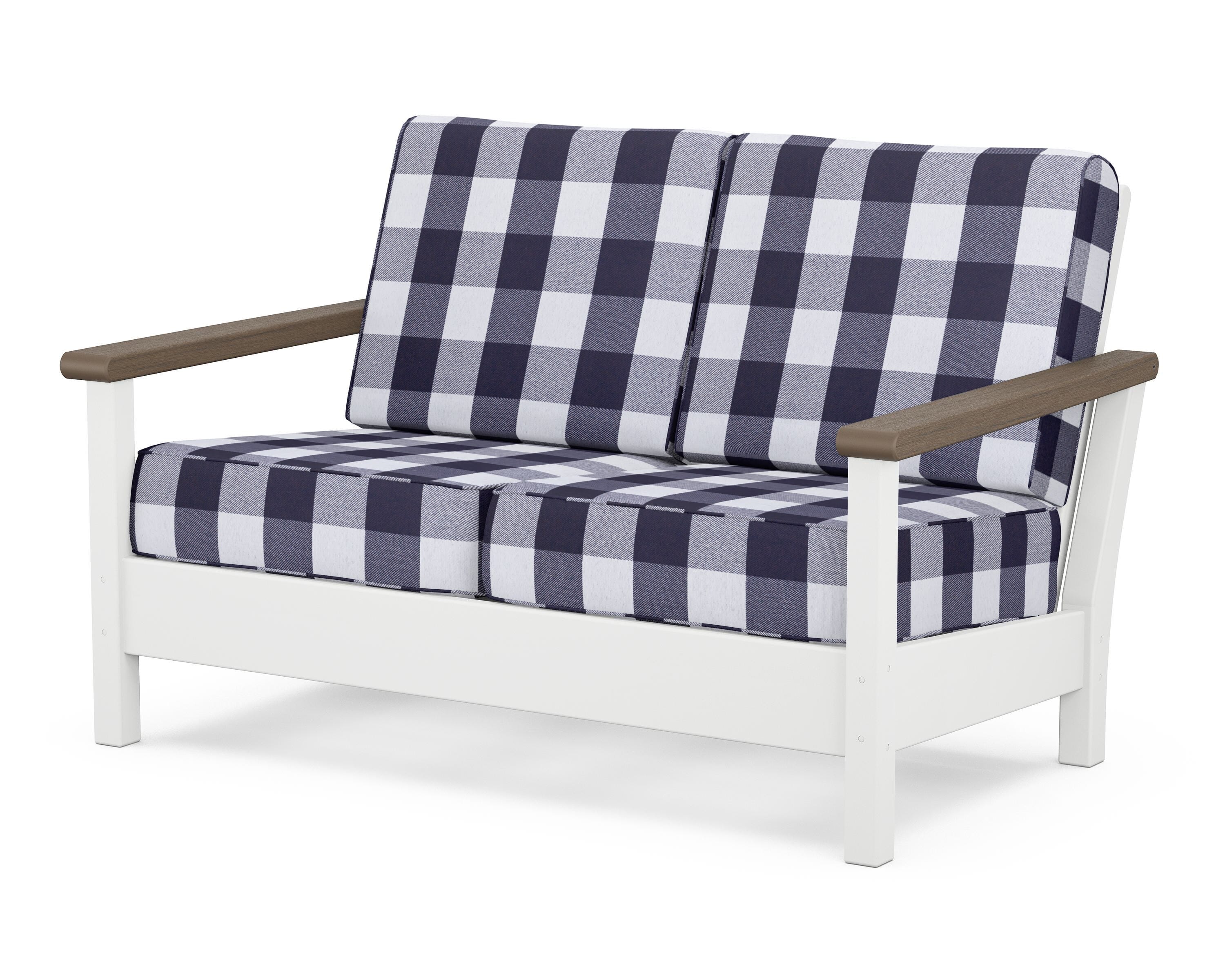 POLYWOOD® Harbour Deep Seating Loveseat in White / Kona / Buffalo Plaid Navy