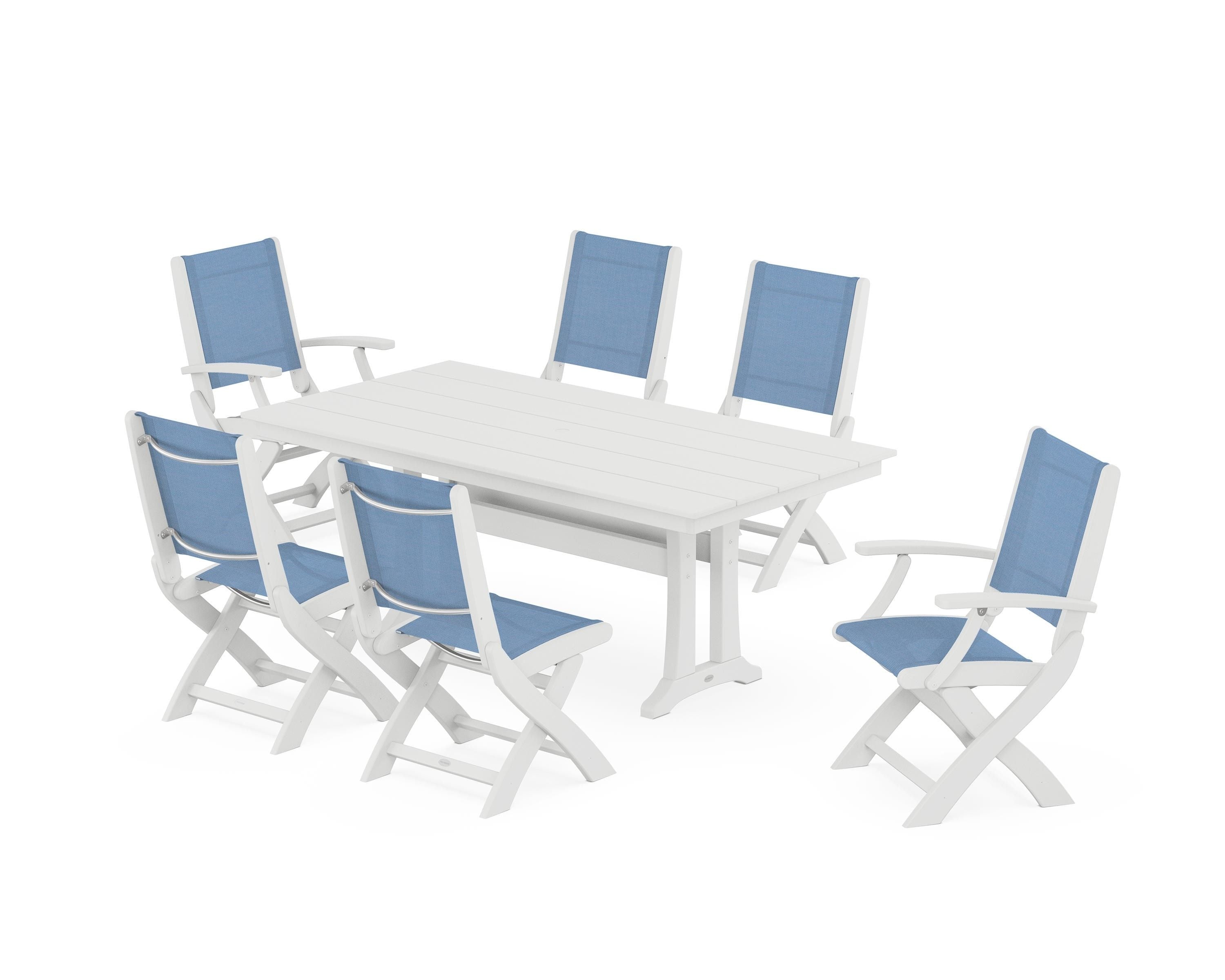 POLYWOOD® Coastal Folding Chair 7-Piece Farmhouse Dining Set with Trestle Legs in White / Poolside Sling