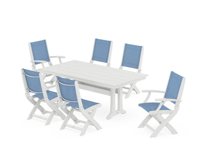 POLYWOOD® Coastal Folding Chair 7-Piece Farmhouse Dining Set with Trestle Legs in White / Poolside Sling
