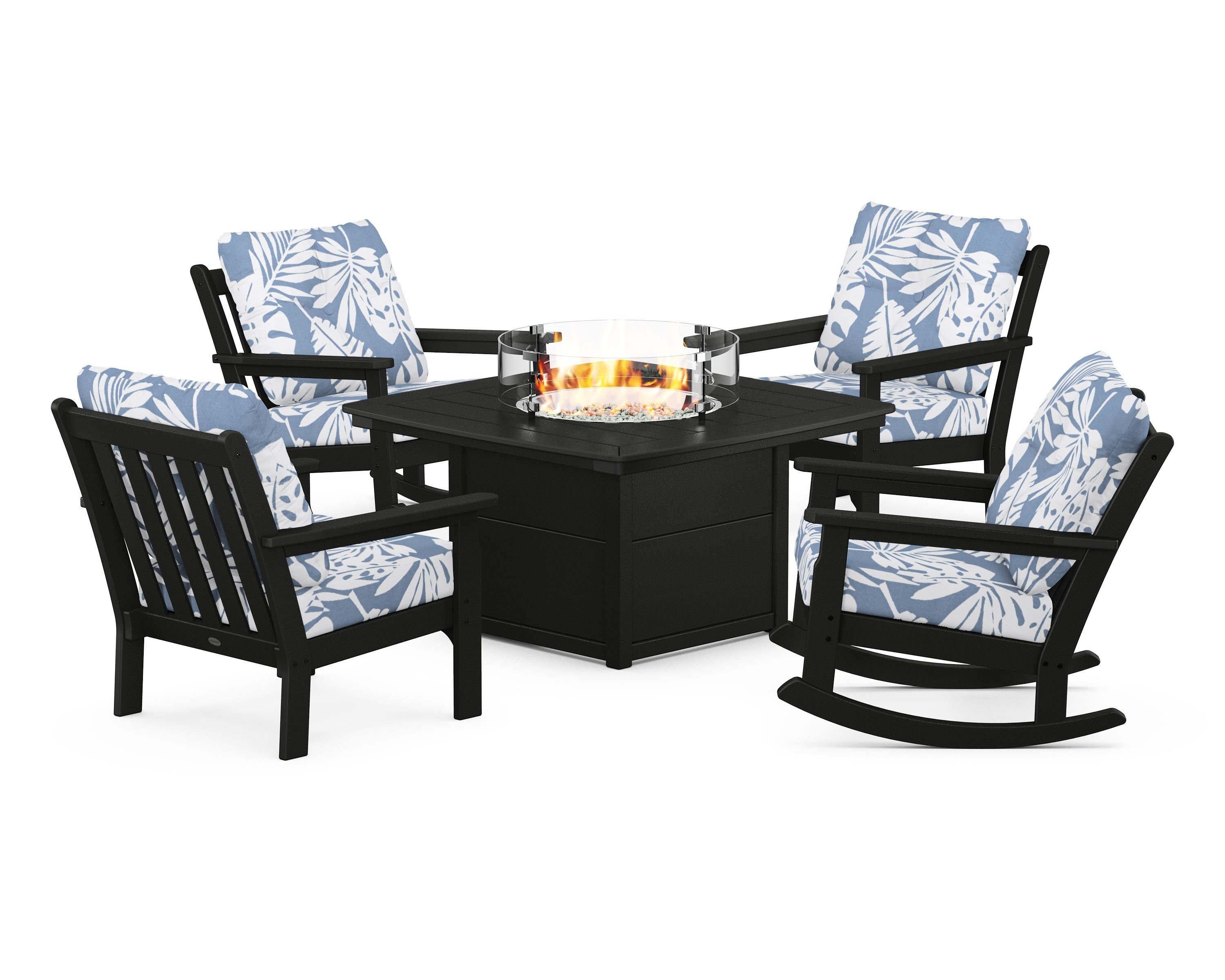 POLYWOOD® Vineyard 5-Piece Deep Seating Rocking Chair Conversation Set with Fire Pit Table in Black / Leaf Sky Blue
