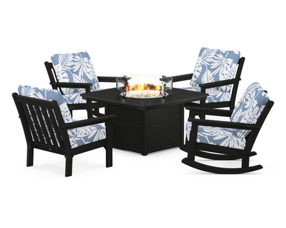POLYWOOD® Vineyard 5-Piece Deep Seating Rocking Chair Conversation Set with Fire Pit Table in Black / Leaf Sky Blue