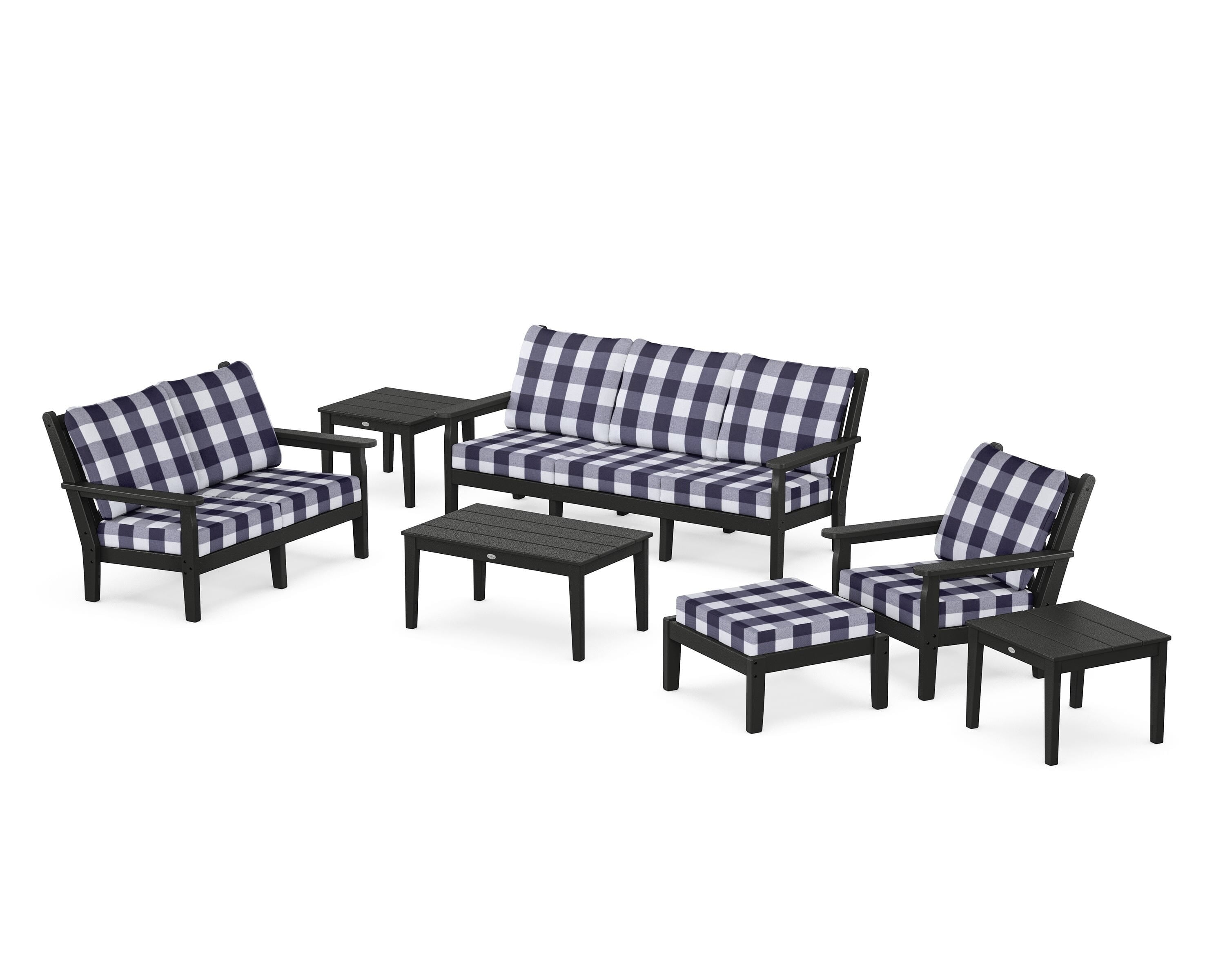 POLYWOOD® Chippendale 7-Piece Deep Seating Set in Black / Buffalo Plaid Navy