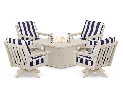 POLYWOOD® Vineyard 5-Piece Deep Seating Swivel Conversation Set with Fire Pit Table in Sand / Cabana Stripe Navy