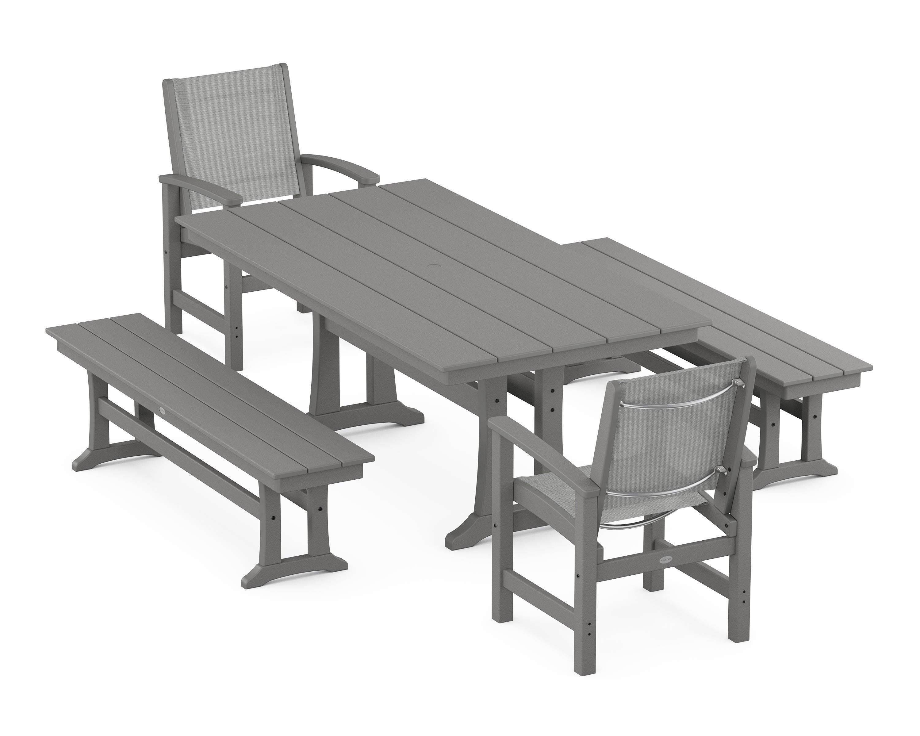POLYWOOD® Coastal 5-Piece Farmhouse Dining Set with Trestle Legs and Benches in Slate Grey / Metallic Sling