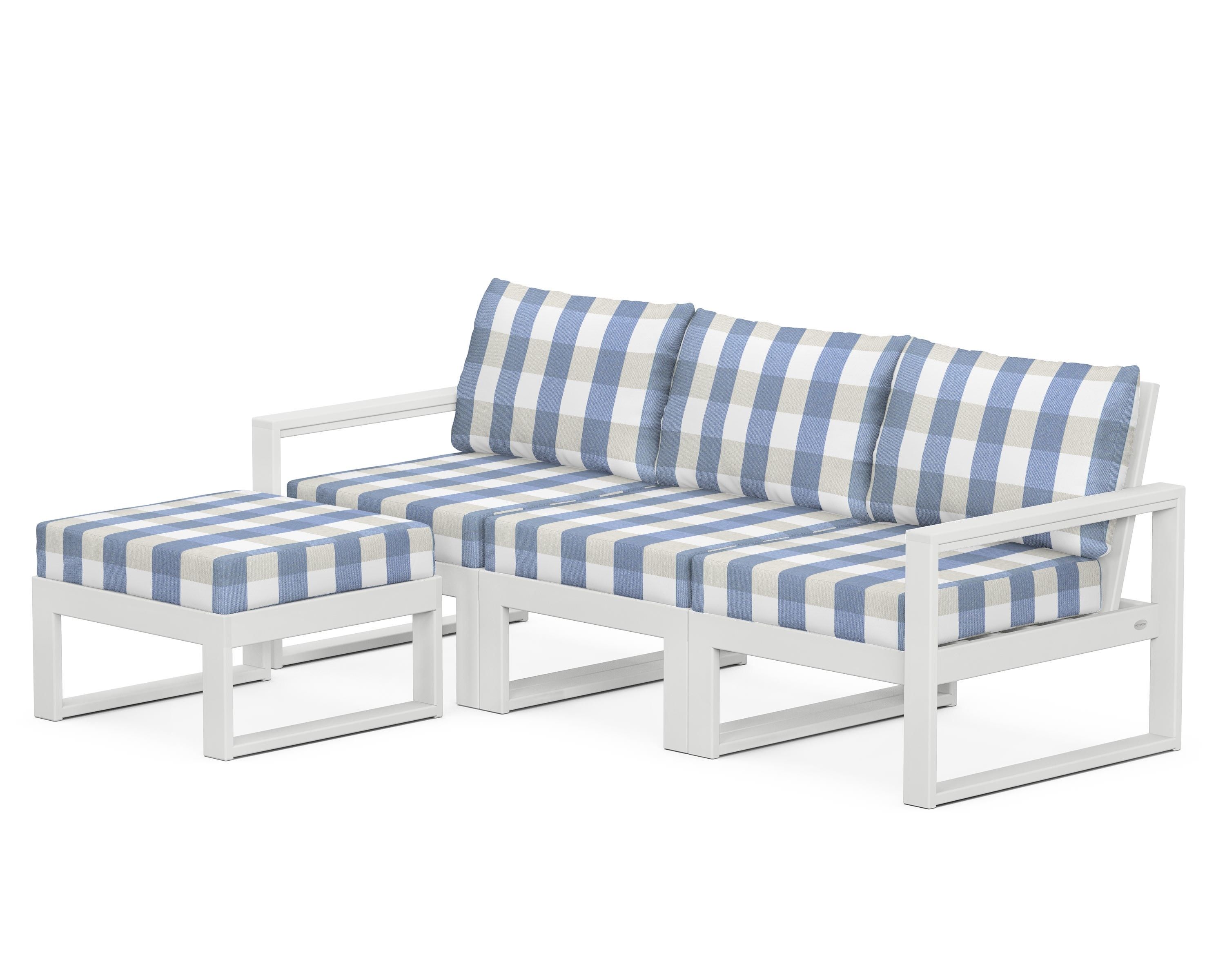 POLYWOOD® EDGE 4-Piece Modular Deep Seating Set with Ottoman in White / Buffalo Plaid Sky Blue