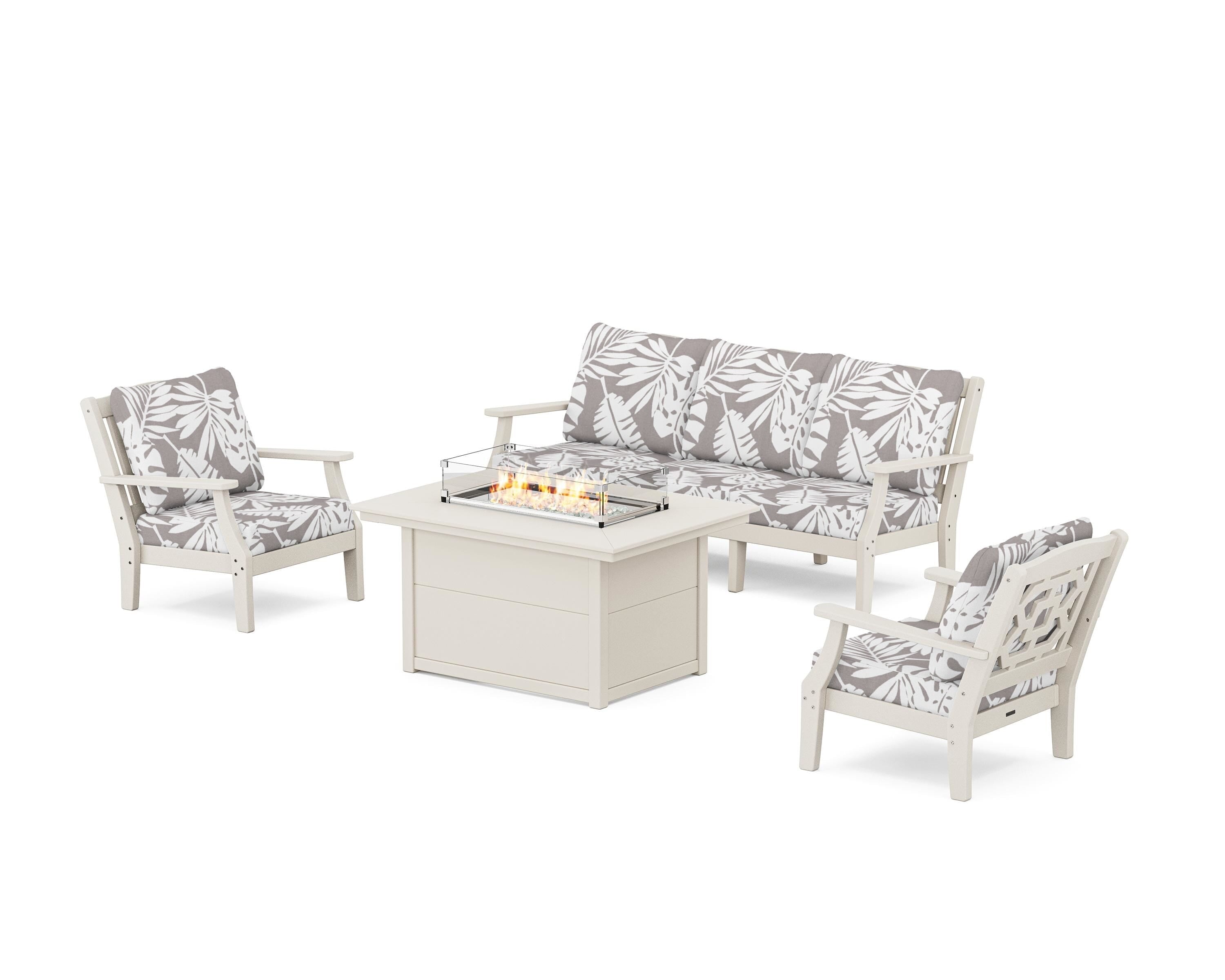 Martha Stewart by POLYWOOD® Chinoiserie Deep Seating Fire Pit Table Set in Sand / Leaf Grey Mist