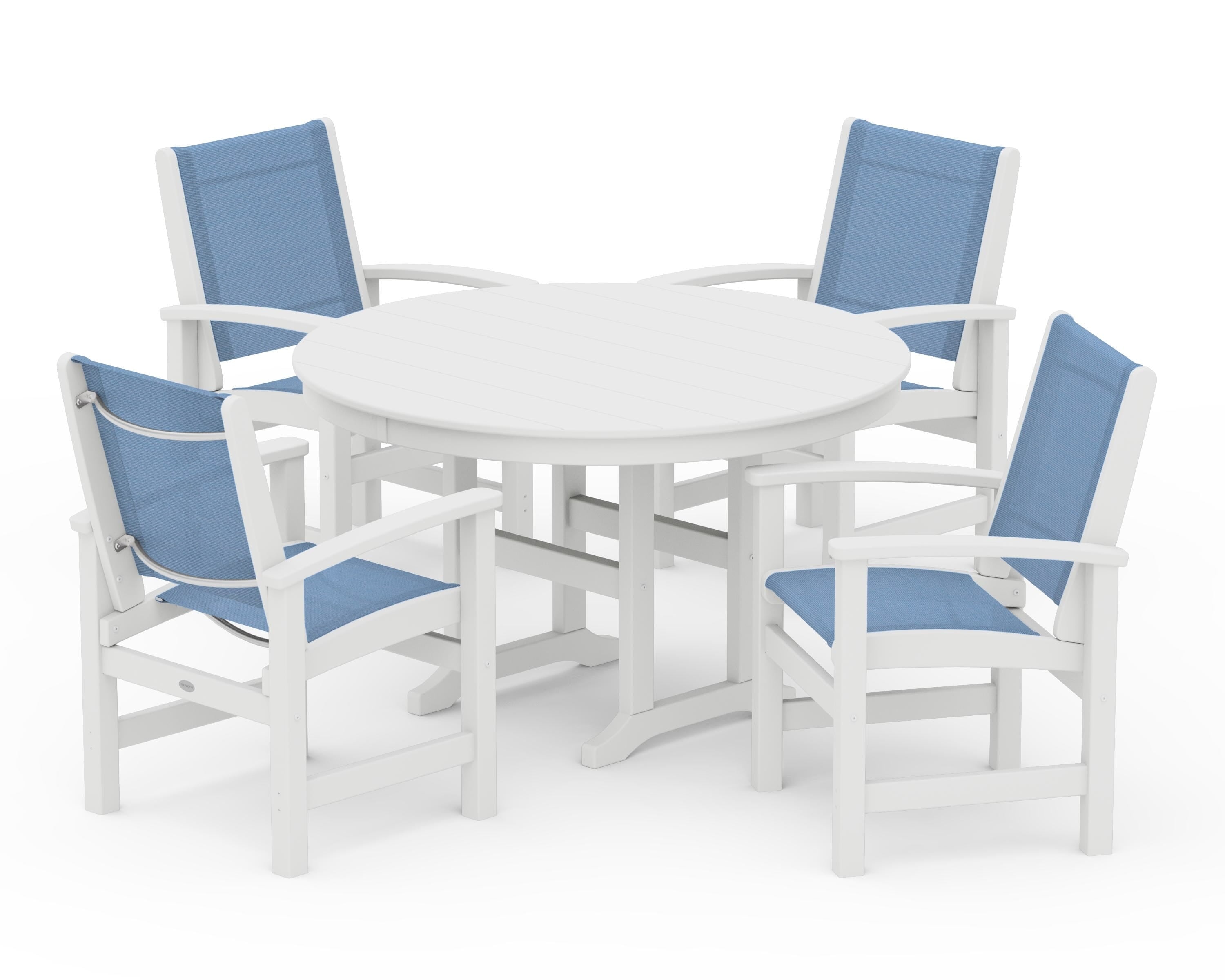 POLYWOOD® Coastal 5-Piece Round Farmhouse Dining Set in White / Poolside Sling