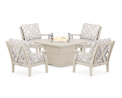 POLYWOOD® Braxton 5-Piece Deep Seating Conversation Set with Fire Pit Table in Sand / Trellis Dune Burlap
