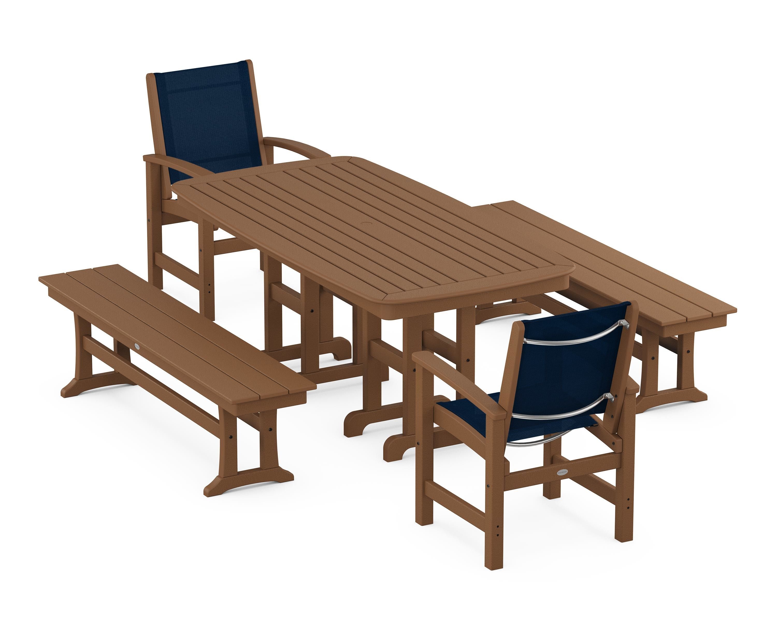 POLYWOOD® Coastal 5-Piece Dining Set in Teak / Navy Blue Sling