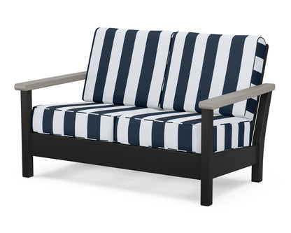 POLYWOOD® Harbour Deep Seating Loveseat in Black / Driftwood / Cabana Stripe Marine Indigo