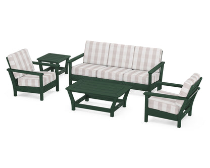 POLYWOOD® Harbour 5-Piece Deep Seating Set in Green / Buffalo Plaid Dune Burlap
