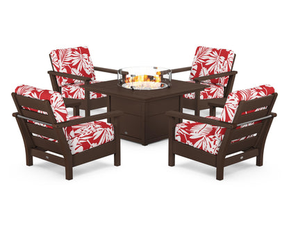 POLYWOOD® Harbour 5-Piece Conversation Set with Fire Pit Table in Mahogany / Leaf Crimson