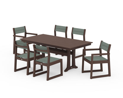 POLYWOOD® EDGE Sling 7-Piece Farmhouse Trestle Dining Set in Mahogany / Dupioni Sea Mist Sling