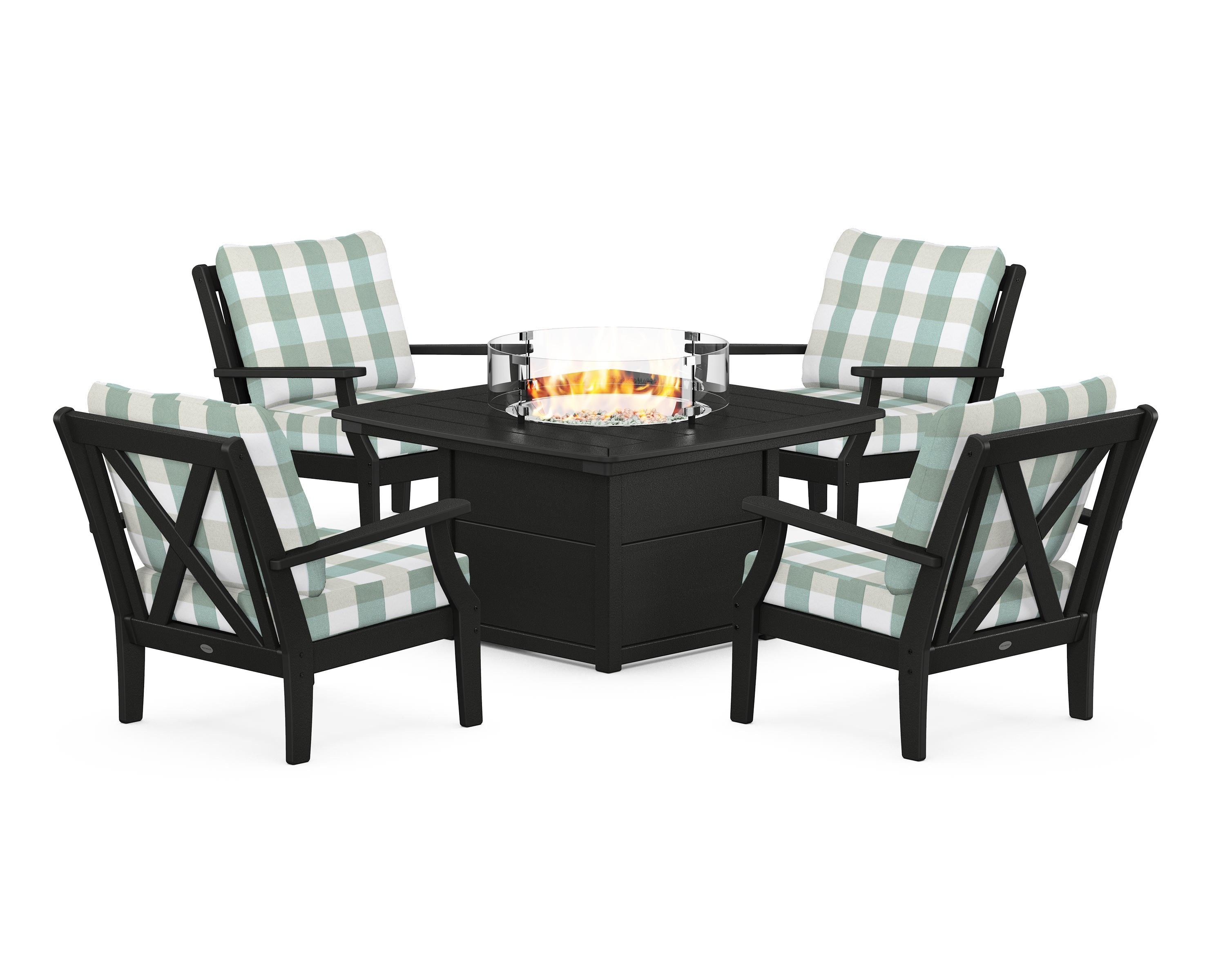 POLYWOOD® Braxton 5-Piece Deep Seating Conversation Set with Fire Pit Table in Black / Buffalo Plaid Glacier Spa